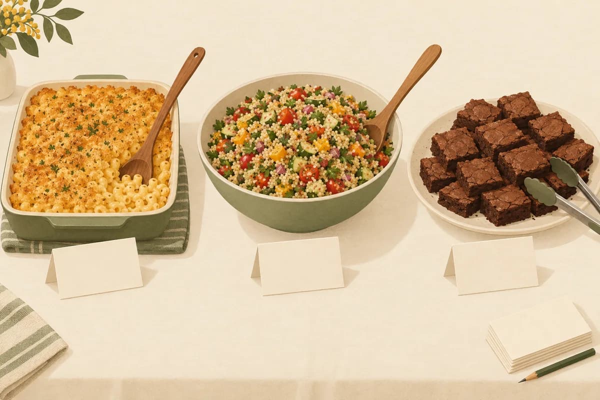 A macaroni casserole, a grain salad and a plate of brownies in a row, each with a blank ingredient card in front and its own serving spoon or tongs.