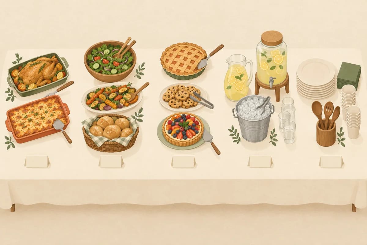 A buffet table split into five zones, from main dishes on the left to plates and cups on the right, each zone with a blank card in front.
