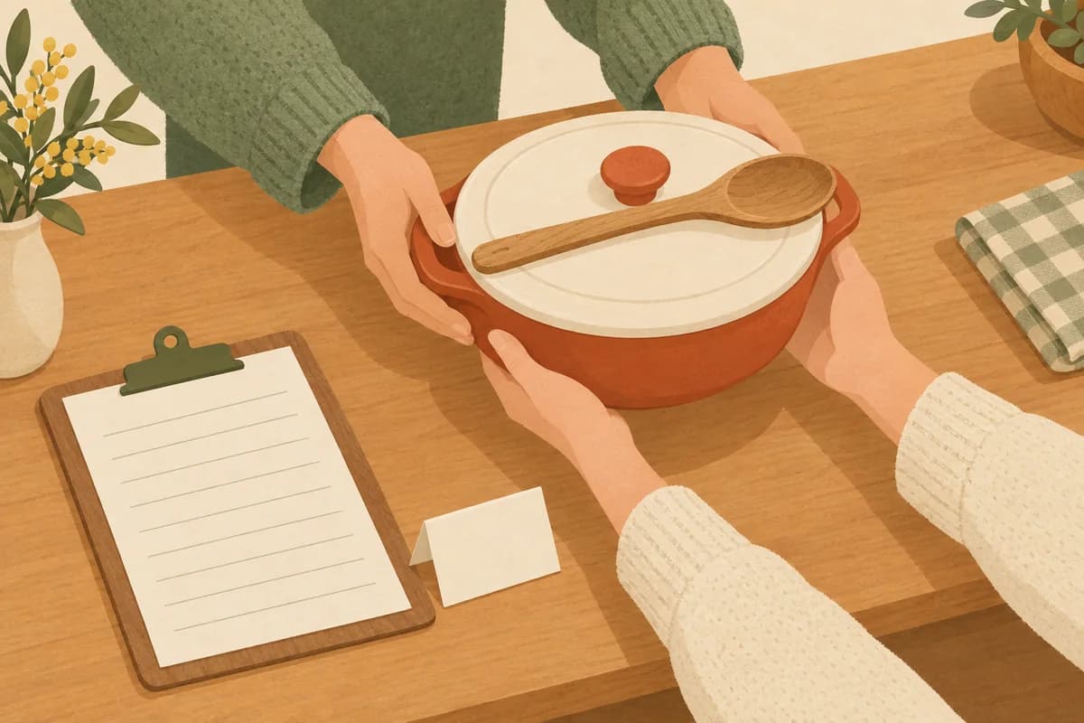 Two pairs of hands pass a covered casserole and serving spoon across a counter, beside a sign-up clipboard and a blank ingredient card.