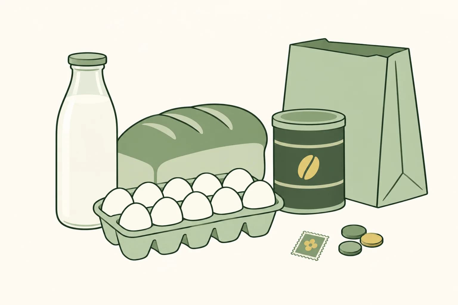 Cartoon groceries from the 1940s on a counter: a glass milk bottle, a loaf of bread, a dozen eggs and a coffee can, with a three-cent stamp, coins and a paper grocery bag