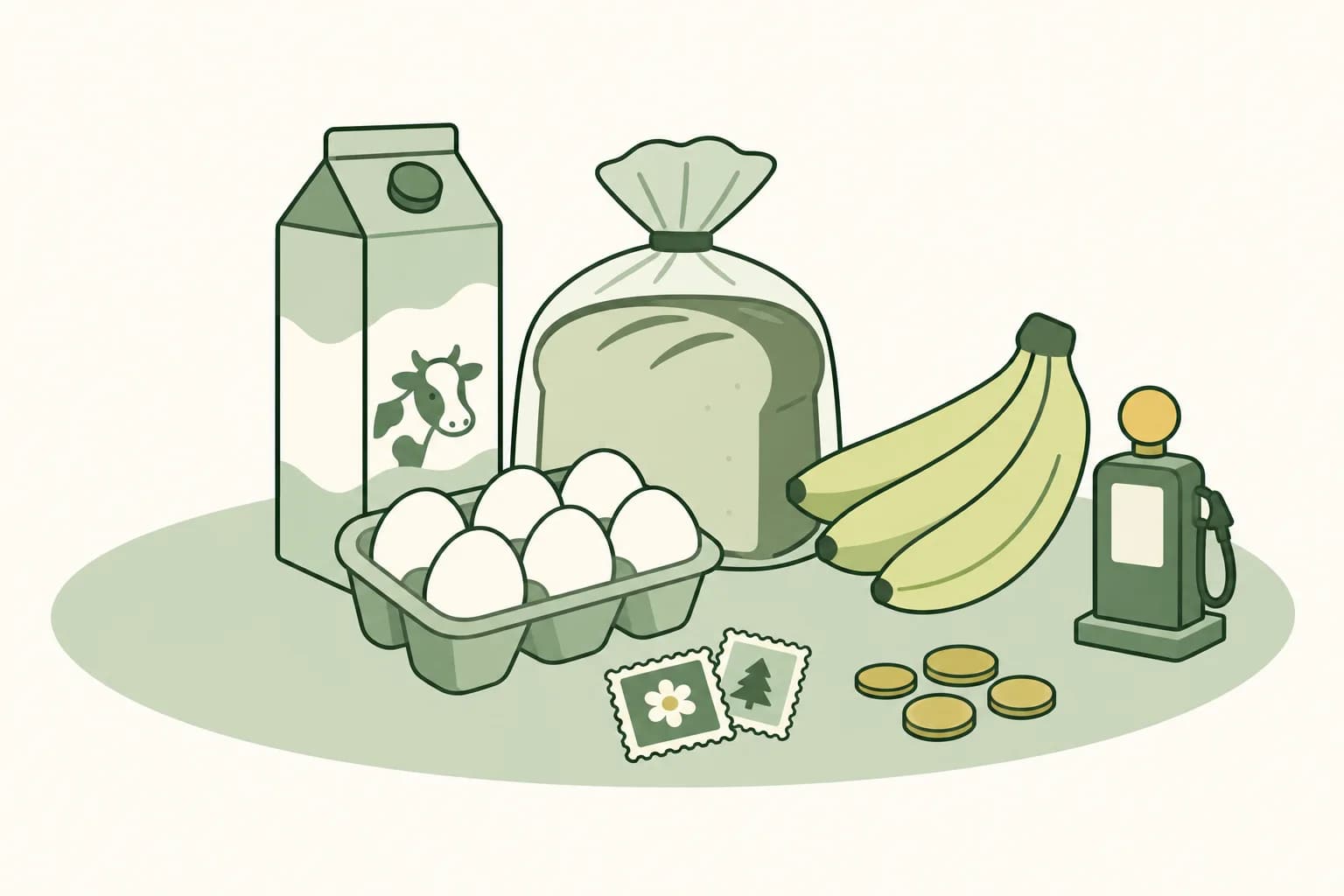 Cartoon groceries from the 1990s on a table: milk, bread, eggs and bananas, with stamps, coins and a toy gas pump