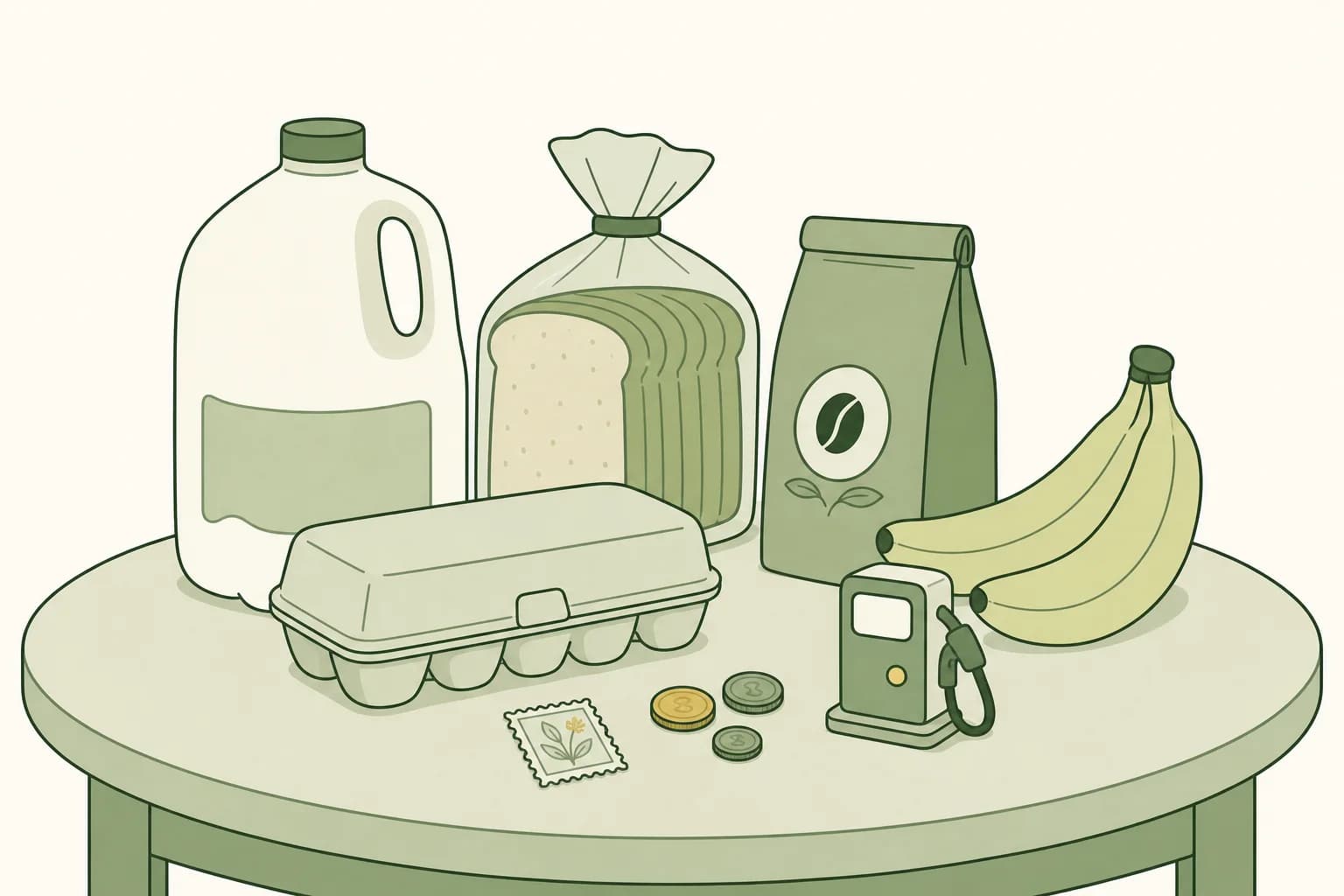 Cartoon groceries from the 2010s on a table: a gallon jug of milk, a loaf of bread, a carton of eggs, a bag of coffee and bananas, with a postage stamp, coins and a toy gas pump