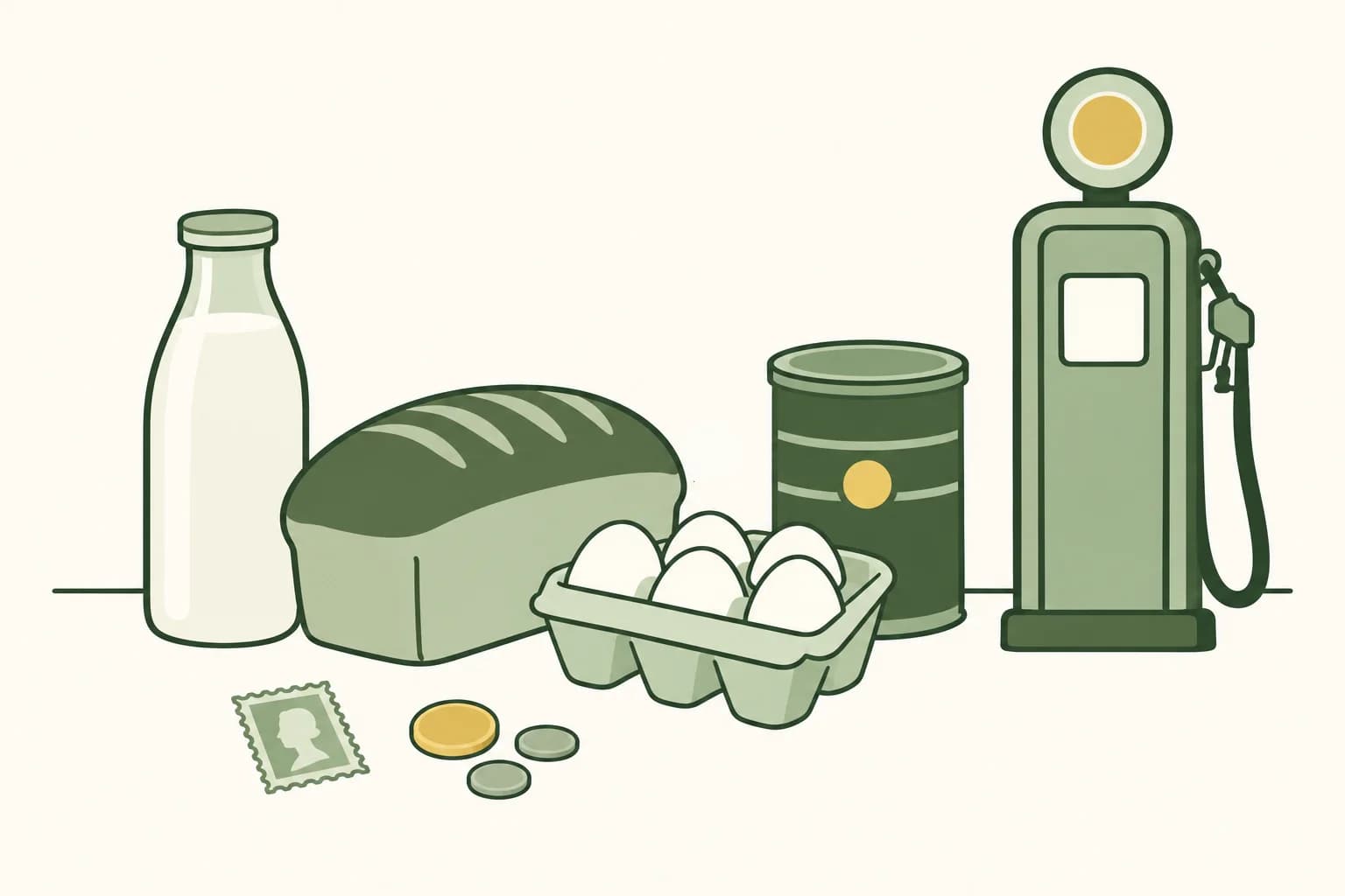 Cartoon groceries from the 1950s on a counter: a glass milk bottle, a loaf of bread, a carton of eggs and a coffee can, with a stamp, coins and a vintage gas pump