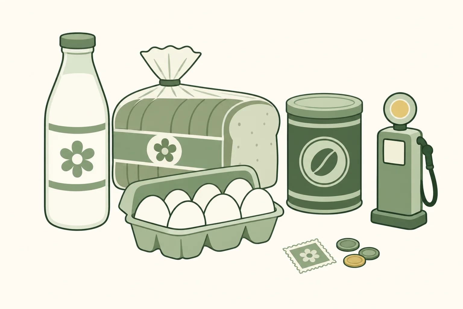 Cartoon groceries from the 1970s on a table: milk, bread, eggs and a coffee can, with a stamp, coins and a toy gas pump