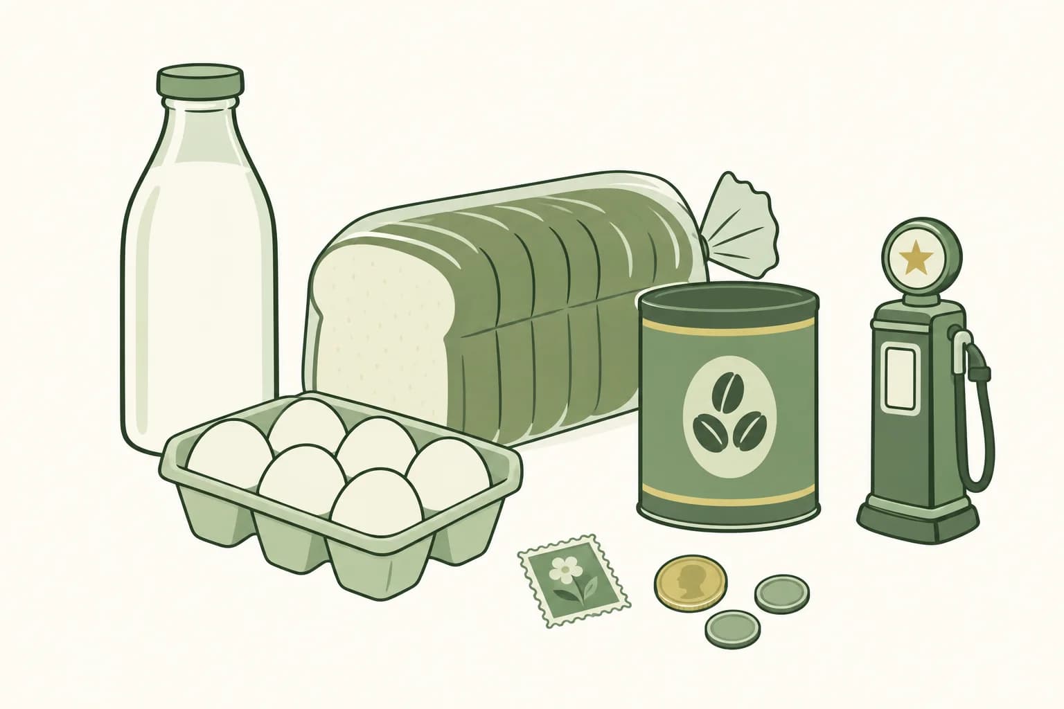 Cartoon groceries from the 1960s on a table: milk bottle, bread, eggs and a coffee can, with a five-cent stamp, coins and a toy gas pump