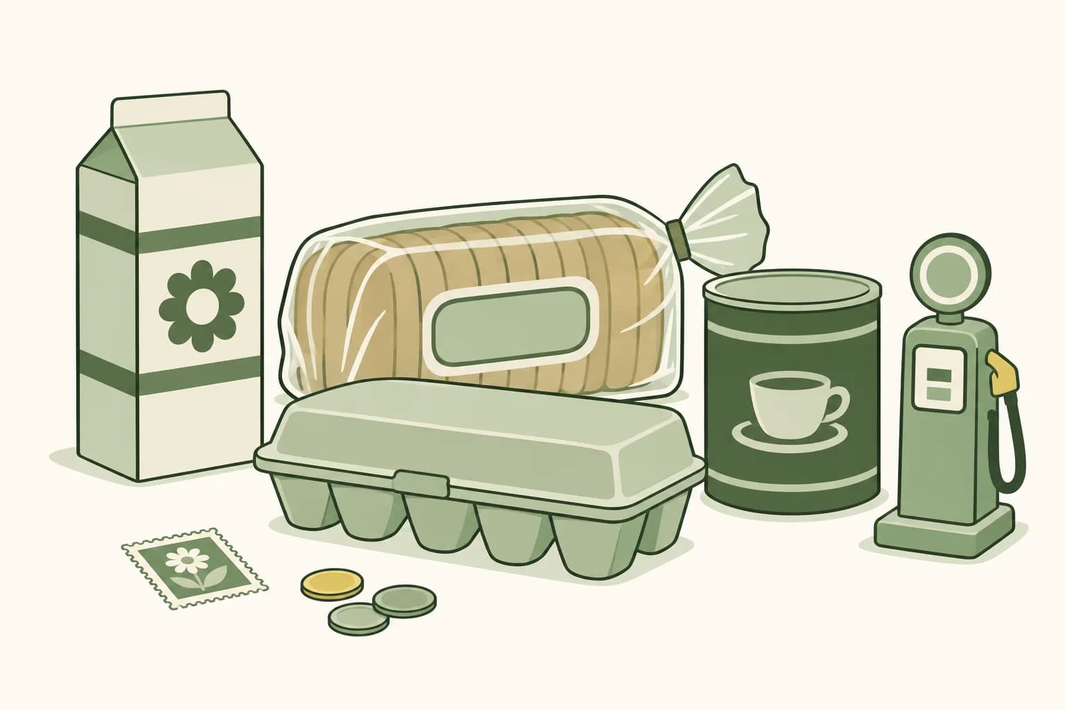 Cartoon groceries from the 1970s on a table: a milk carton, a loaf of bread, a carton of eggs and a coffee can, with a stamp, coins and a toy gas pump