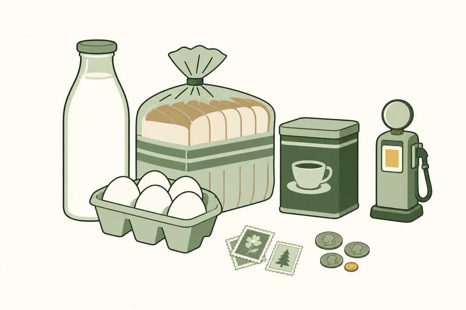 Cartoon groceries from the early 1980s on a table: milk, bread, eggs and coffee, with stamps, coins and a toy gas pump