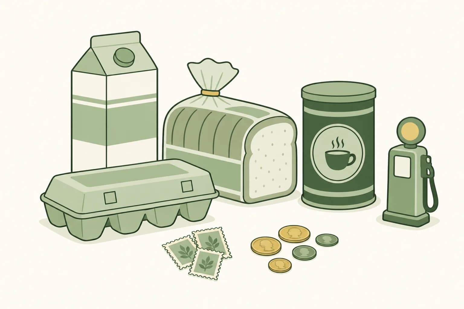 Cartoon groceries from 1990 on a table: a milk carton, a loaf of bread, a carton of eggs and a coffee can, with stamps, coins and a toy gas pump