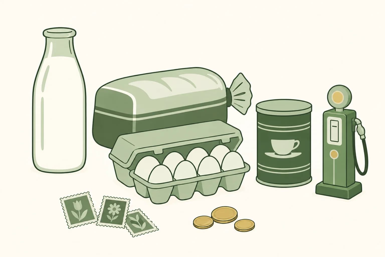 Cartoon groceries from the early 1960s on a table: a glass milk bottle, a loaf of bread, a carton of eggs and a coffee can, with stamps, coins and a toy gas pump