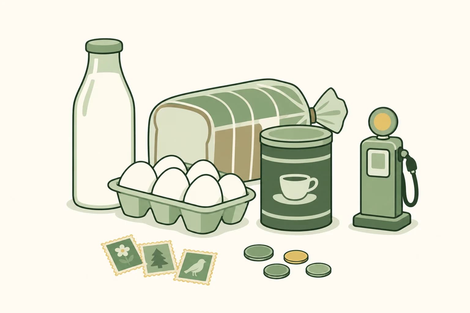 Cartoon groceries from the 1960s on a table: milk, bread, eggs and a coffee can, with stamps, coins and a toy gas pump