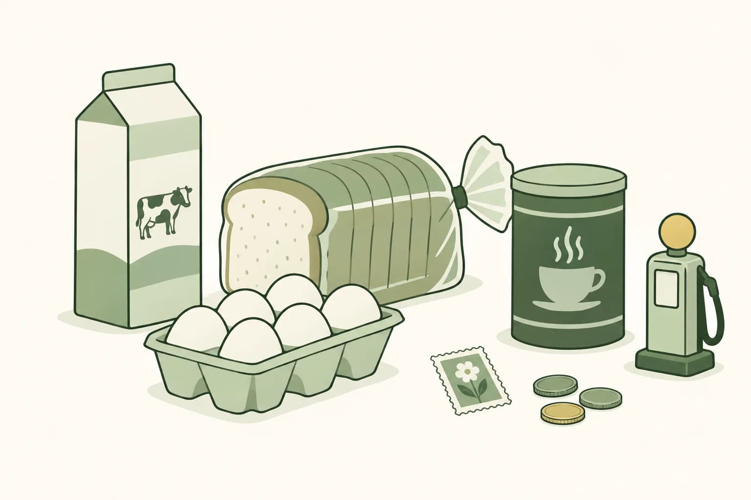 Cartoon groceries from the early 1990s on a table: milk, bread, eggs and coffee, with a postage stamp, coins and a toy gas pump