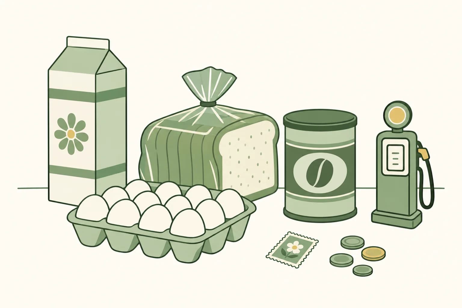 Cartoon groceries from the 1970s on a table: a milk carton, a loaf of bread, a dozen eggs and a coffee can, with a postage stamp, coins and a toy gas pump