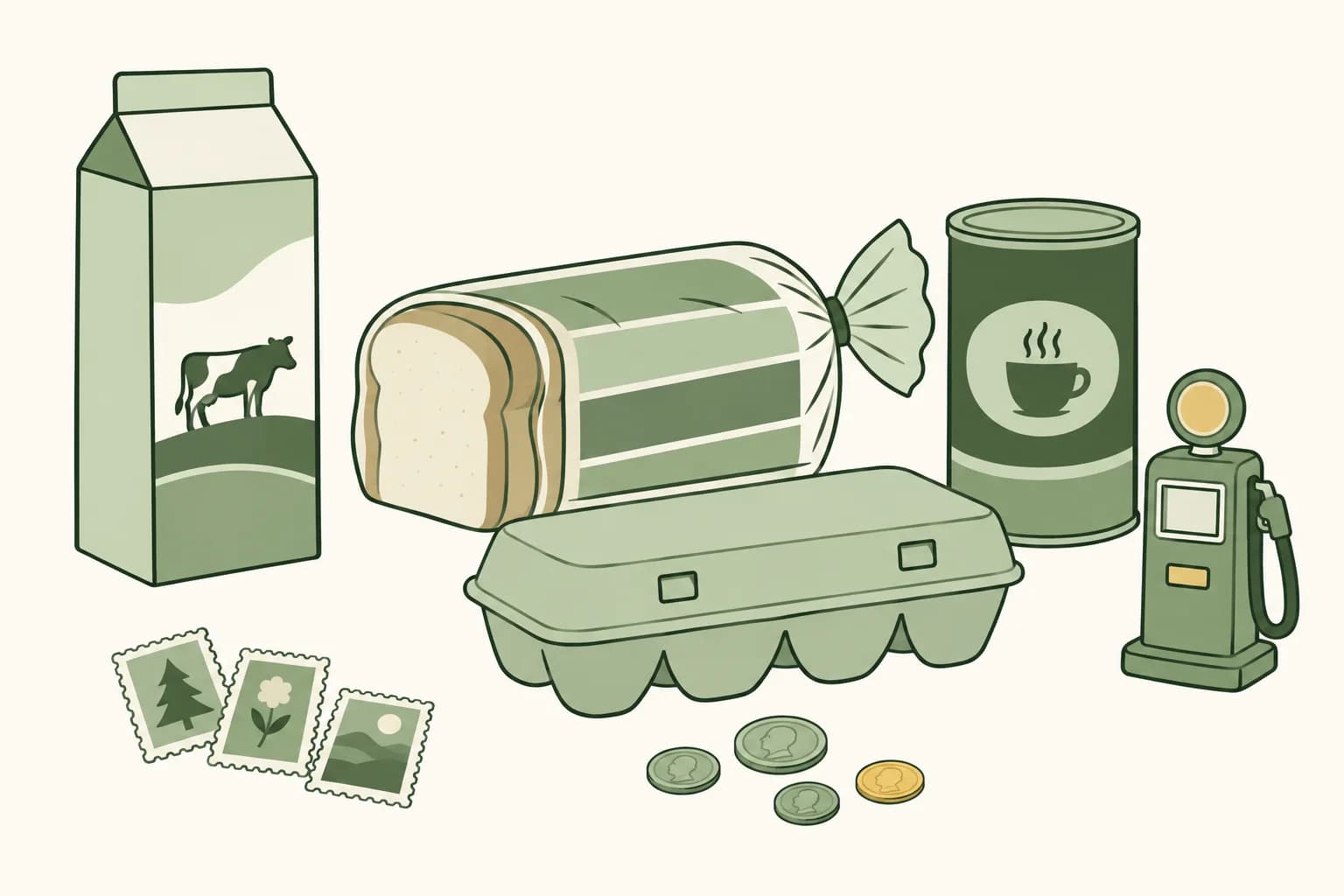 Cartoon groceries from the early 1980s on a table: a milk carton, a loaf of bread, a carton of eggs and a coffee can, with stamps, coins and a toy gas pump