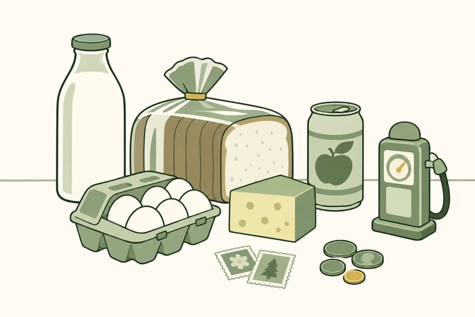 Cartoon groceries from the 1980s on a table: milk, bread, eggs and a block of cheese, with a frozen juice can, stamps, coins and a toy gas pump