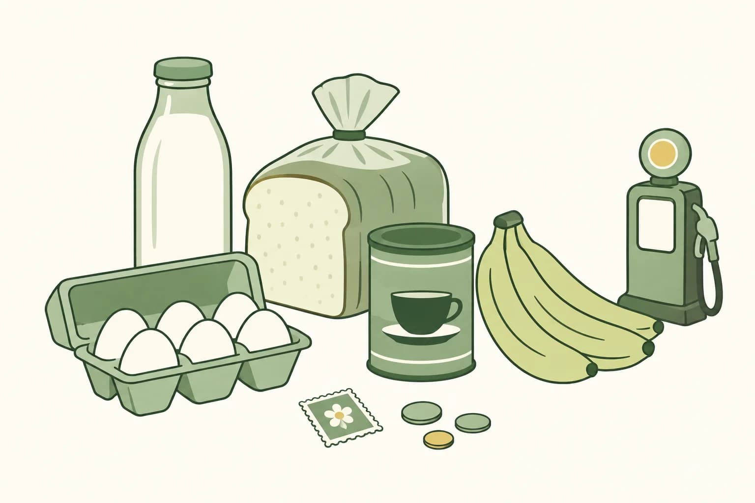 Cartoon groceries from the 1970s on a table: milk, bread, eggs, coffee and bananas, with a stamp, coins and a toy gas pump