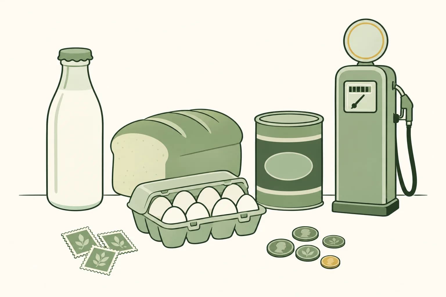 Cartoon groceries from the early 1960s on a table: a milk bottle, a loaf of bread, a carton of eggs and a coffee can, with stamps, coins and a vintage gas pump
