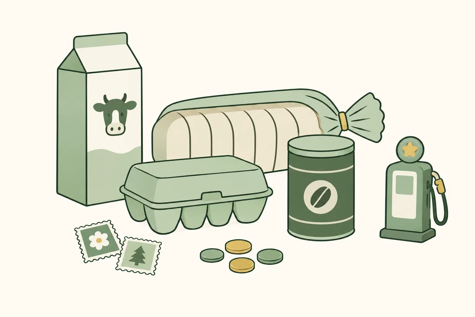 Cartoon groceries from the 1980s on a table: a milk carton, a loaf of bread, a carton of eggs and a coffee can, with stamps, coins and a toy gas pump