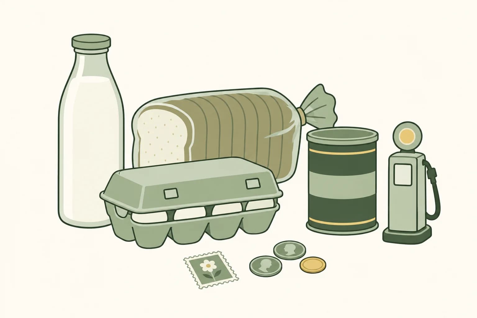 Cartoon groceries from the 1970s on a table: a milk bottle, a loaf of bread, a carton of eggs and a coffee can, with a postage stamp, coins and a toy gas pump
