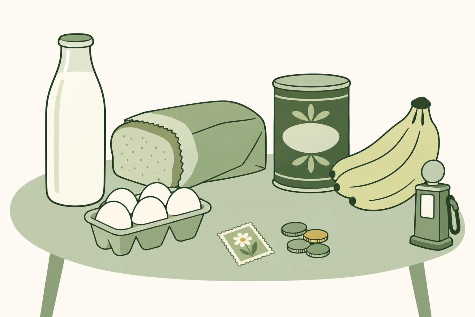Cartoon groceries from the late 1960s on a table: a milk bottle, a loaf of bread, eggs, a coffee can and bananas, with a stamp, coins and a toy gas pump