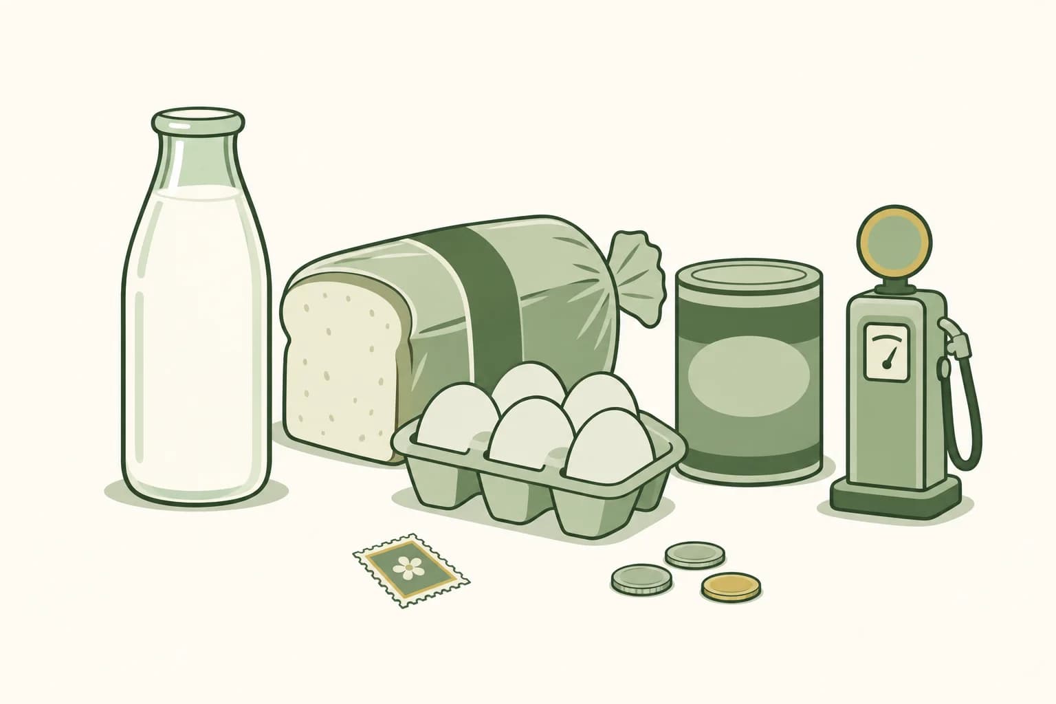 Cartoon groceries from the early 1960s on a table: a glass milk bottle, a loaf of bread, eggs and a coffee can, with a four-cent stamp, coins and a toy gas pump