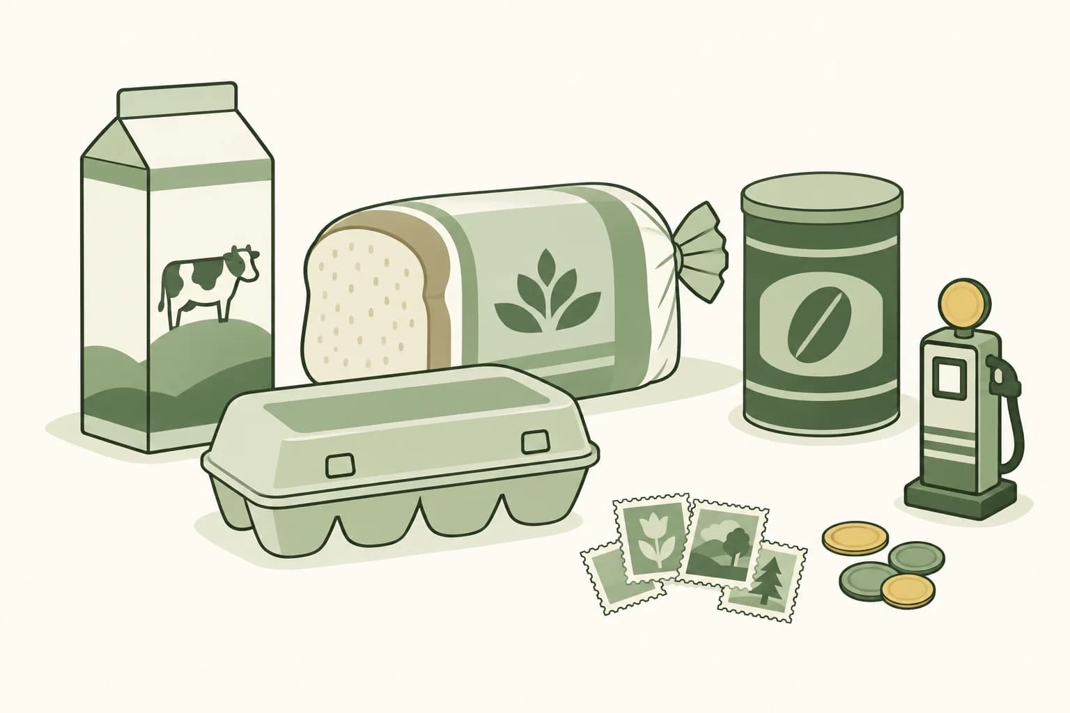 Cartoon groceries from the 1980s on a table: a milk carton, a loaf of bread, a carton of eggs and a coffee can, with stamps, coins and a toy gas pump