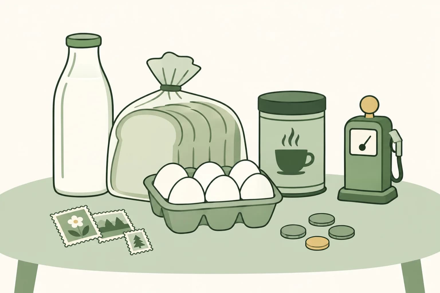 Cartoon groceries from the 1990s on a table: milk, bread, eggs and coffee, with stamps, coins and a toy gas pump