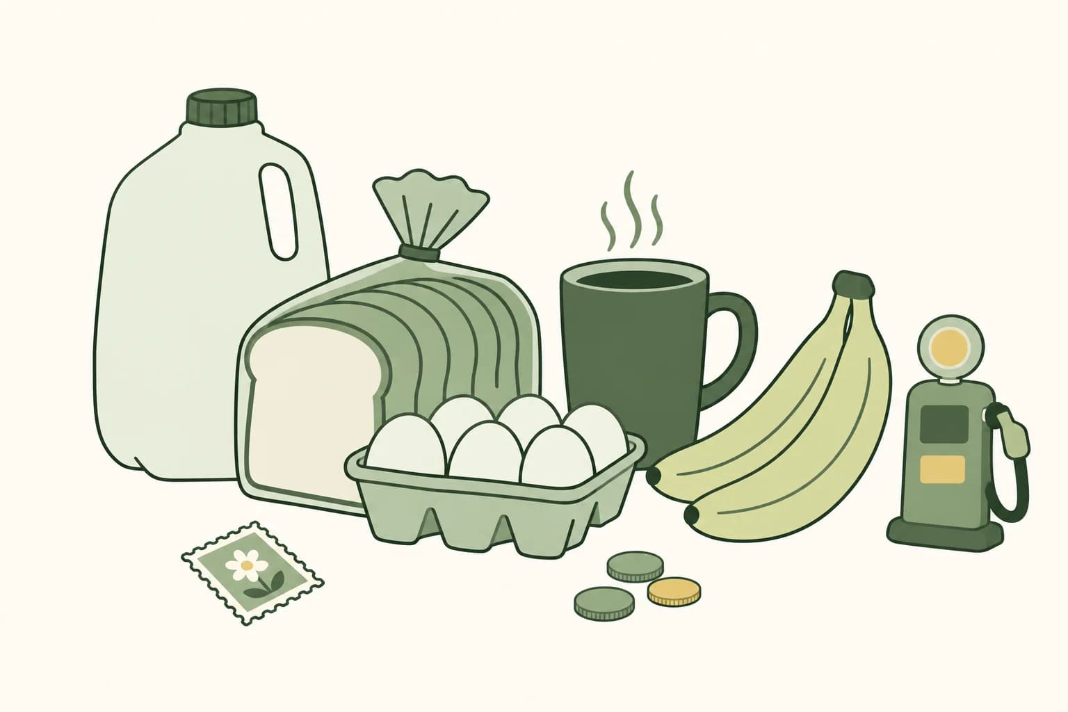 Cartoon groceries from the mid-2000s on a table: a milk jug, bread, eggs, coffee and bananas, with a postage stamp, coins and a toy gas pump