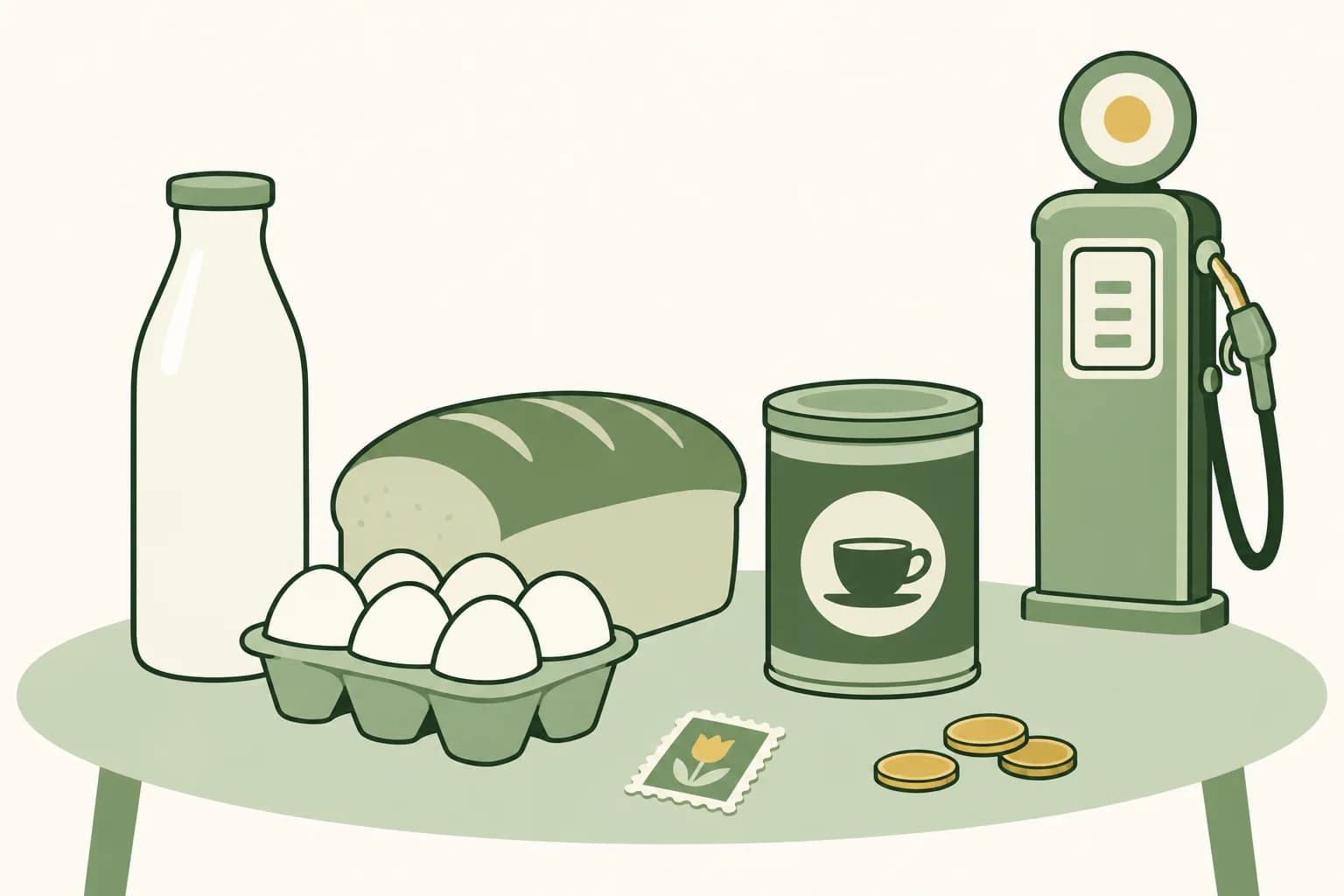 Cartoon groceries from the 1950s on a table: a milk bottle, a loaf of bread, eggs and a coffee can, with a stamp, coins and a vintage gas pump