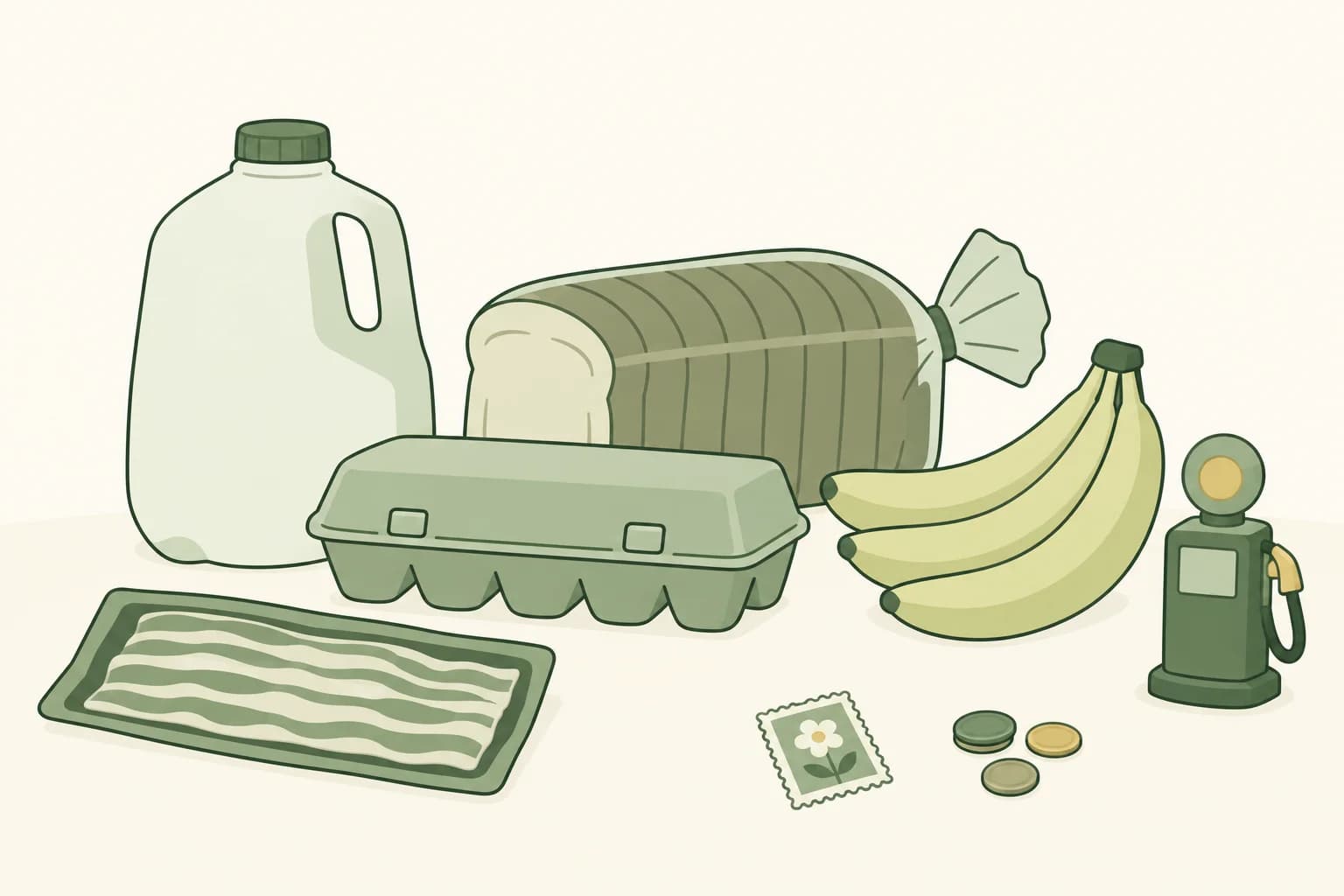 Cartoon groceries on a table: a gallon jug of milk, a loaf of bread, a carton of eggs, a bunch of bananas and a package of bacon, with a postage stamp, coins and a toy gas pump