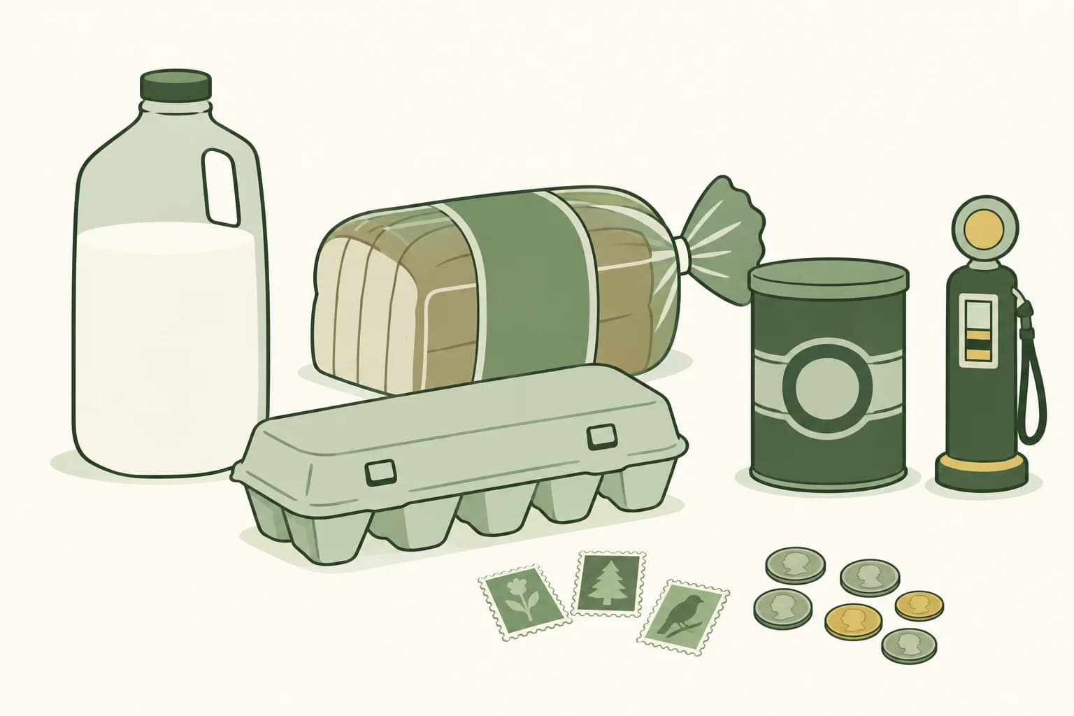 Cartoon groceries from the early 1970s on a table: a half gallon of milk, a loaf of bread, a carton of eggs and a coffee can, with stamps, coins and a toy gas pump