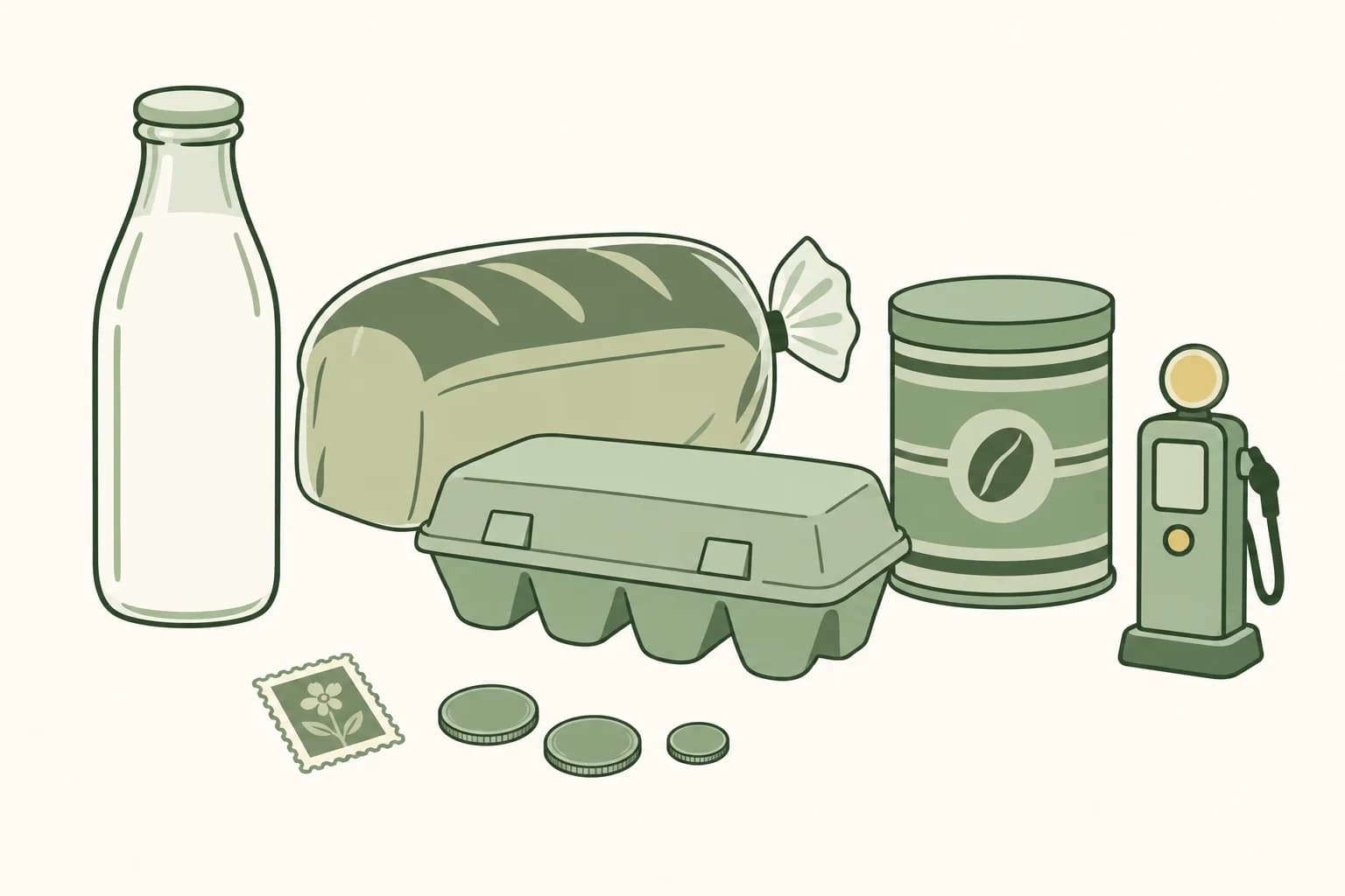 Cartoon groceries from around 1960 on a table: a glass milk bottle, a loaf of bread, a carton of eggs and a coffee can, with a postage stamp, coins and a toy gas pump