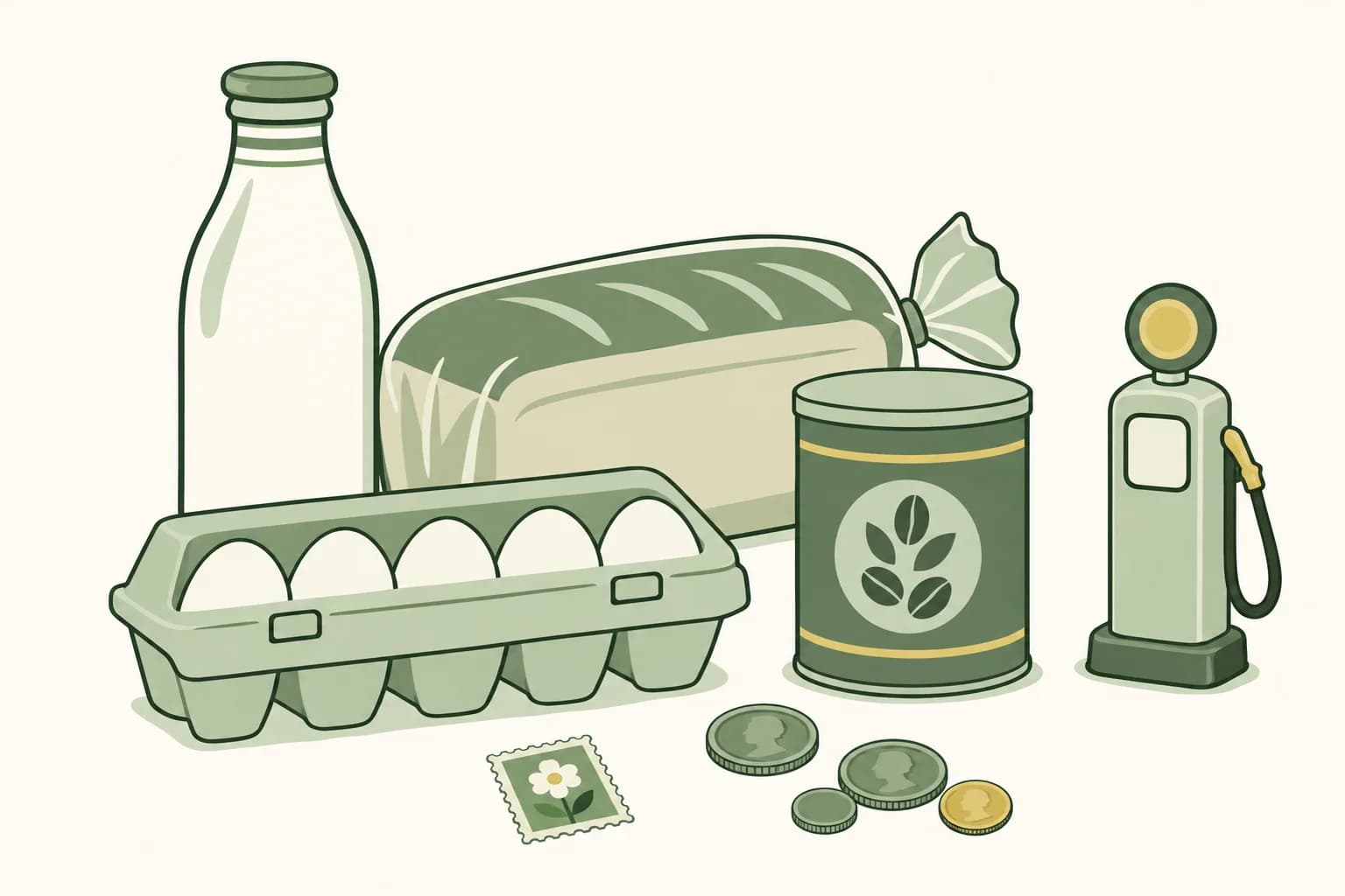 Cartoon groceries from the 1960s on a table: a milk bottle, a loaf of bread, a carton of eggs and a coffee can, with a five-cent stamp, coins and a toy gas pump