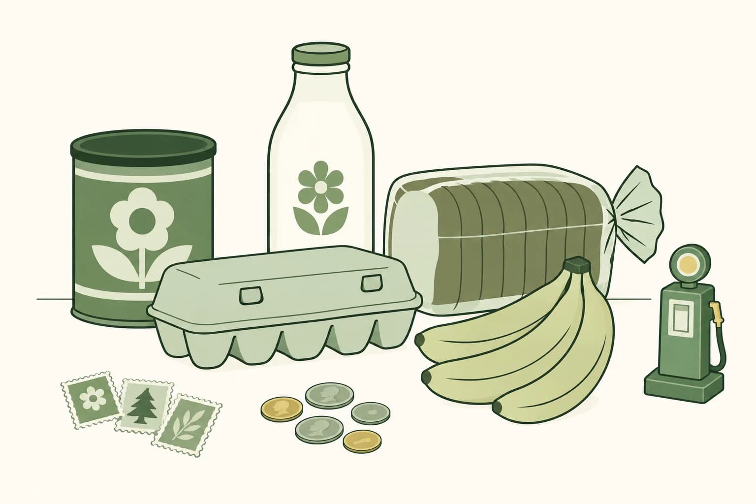 Cartoon groceries from the 1970s on a table: a coffee can, a carton of eggs, milk, bread and bananas, with stamps, coins and a toy gas pump