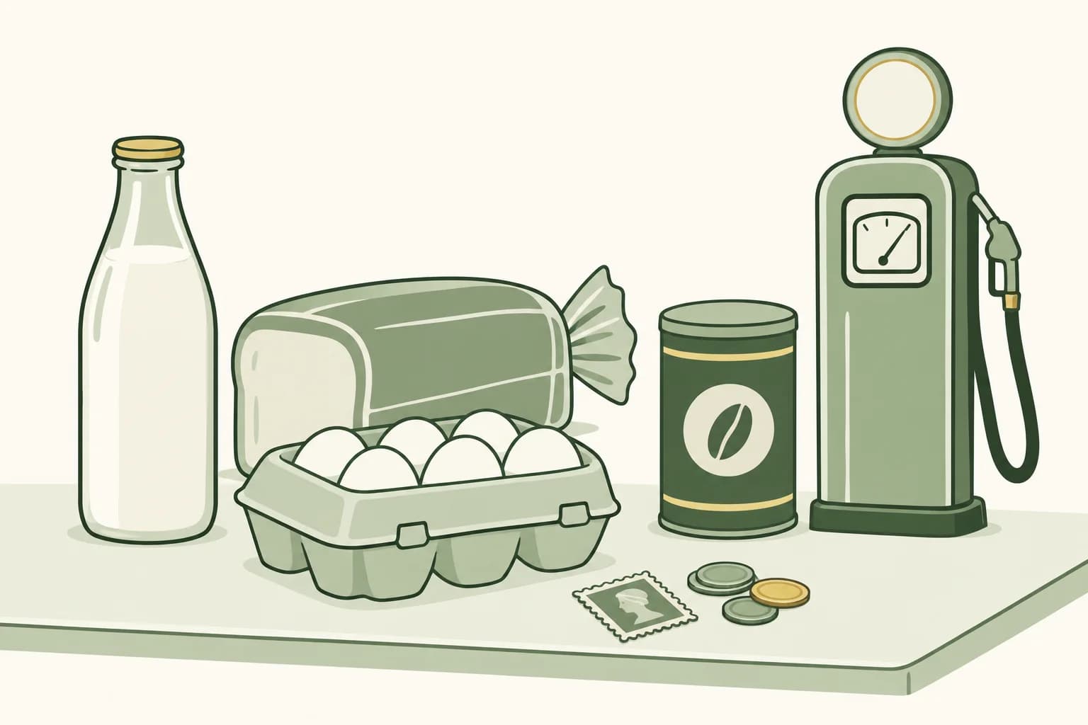 Cartoon groceries from the 1950s on a counter: a glass milk bottle, a loaf of bread, a carton of eggs and a coffee can, with a stamp, coins and a vintage gas pump