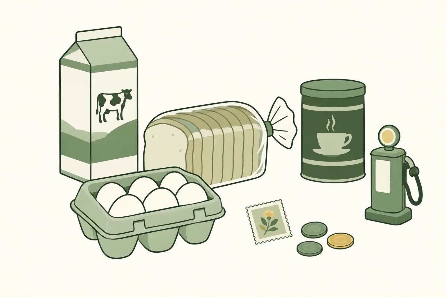 Cartoon groceries from the 1980s on a table: milk, bread, eggs and coffee, with a postage stamp, coins and a toy gas pump