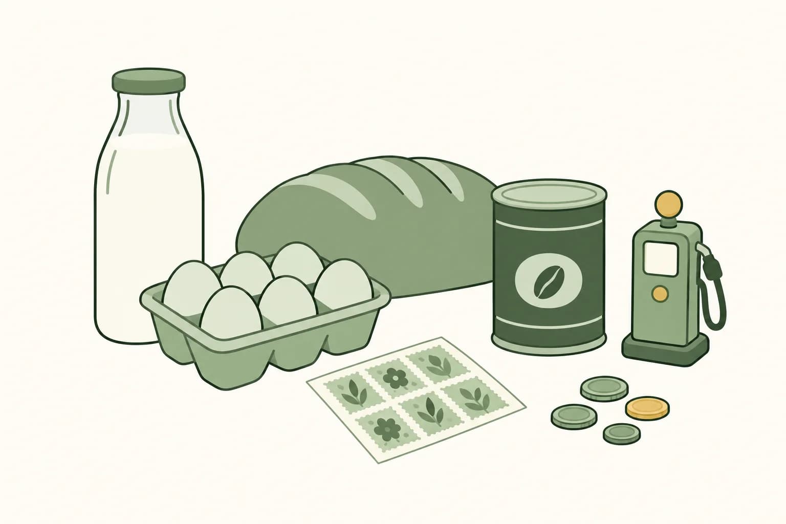 Cartoon groceries from the 1970s on a table: milk, bread, eggs and coffee, with stamps, coins and a toy gas pump