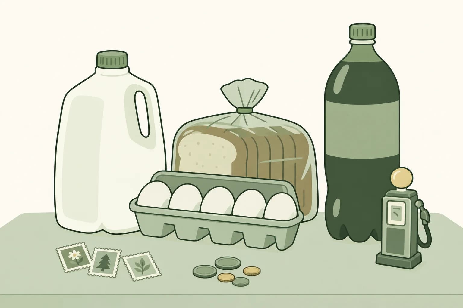Cartoon groceries from 2007 on a table: a gallon of milk, bread, eggs and a 2-liter soda bottle, with stamps, coins and a toy gas pump