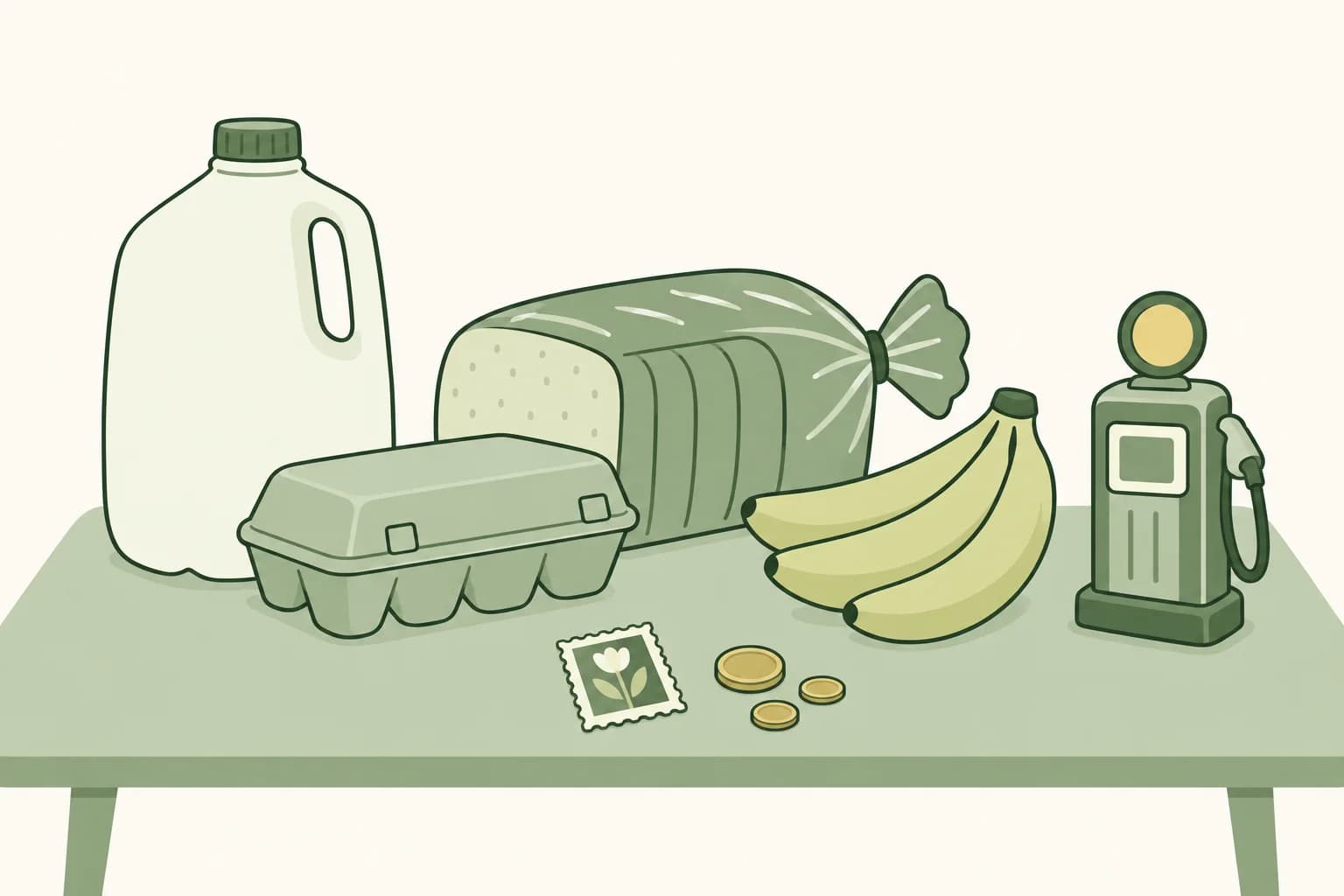Cartoon groceries on a table: a gallon jug of milk, a loaf of bread, a carton of eggs and bananas, with a postage stamp, coins and a toy gas pump