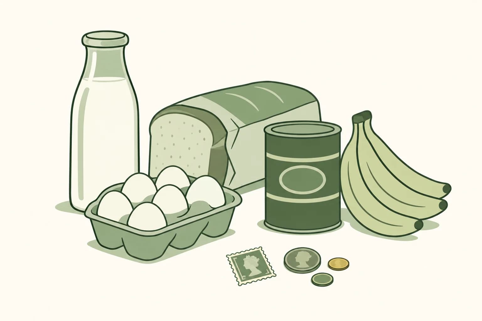 Cartoon groceries from the late 1940s on a table: milk bottle, bread, eggs, a coffee can and bananas, with a 3-cent stamp and coins