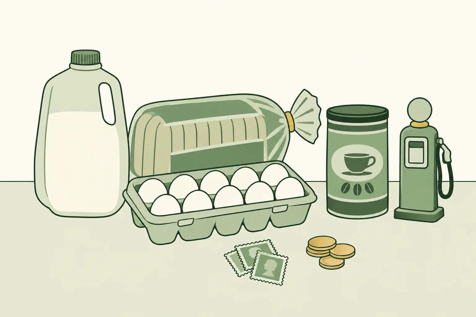 Cartoon groceries from 1980 on a table: a half gallon of milk, a loaf of bread, a dozen eggs and a can of coffee, with stamps, coins and a toy gas pump