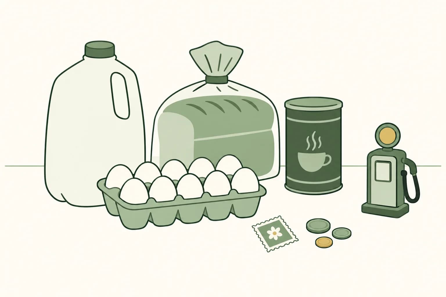 Cartoon groceries on a table: a gallon of milk, a loaf of bread, a dozen eggs and a can of coffee, with a postage stamp, coins and a toy gas pump
