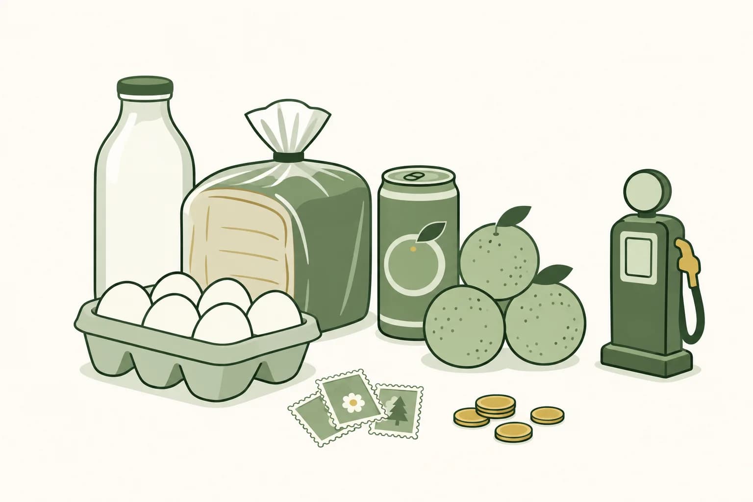 Cartoon groceries from the 1980s on a table: milk, bread, eggs and oranges, with a frozen orange juice can, stamps, coins and a toy gas pump