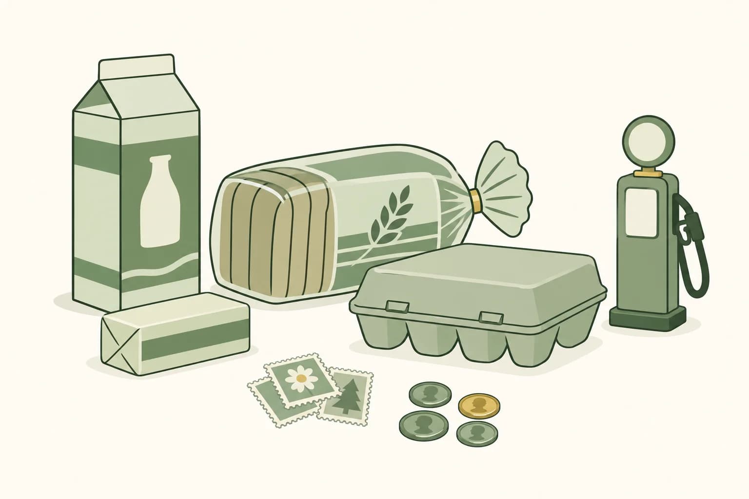 Cartoon groceries from the late 1970s on a table: a milk carton, a loaf of bread, a carton of eggs and a stick of butter, with stamps, coins and a toy gas pump