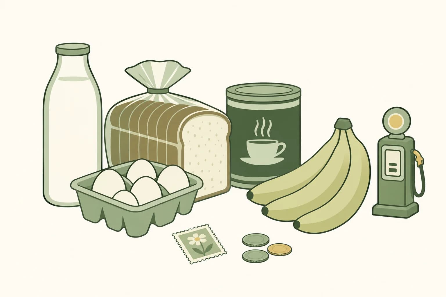Cartoon groceries from the 1970s on a table: milk, bread, eggs, a coffee can and bananas, with a postage stamp, coins and a toy gas pump