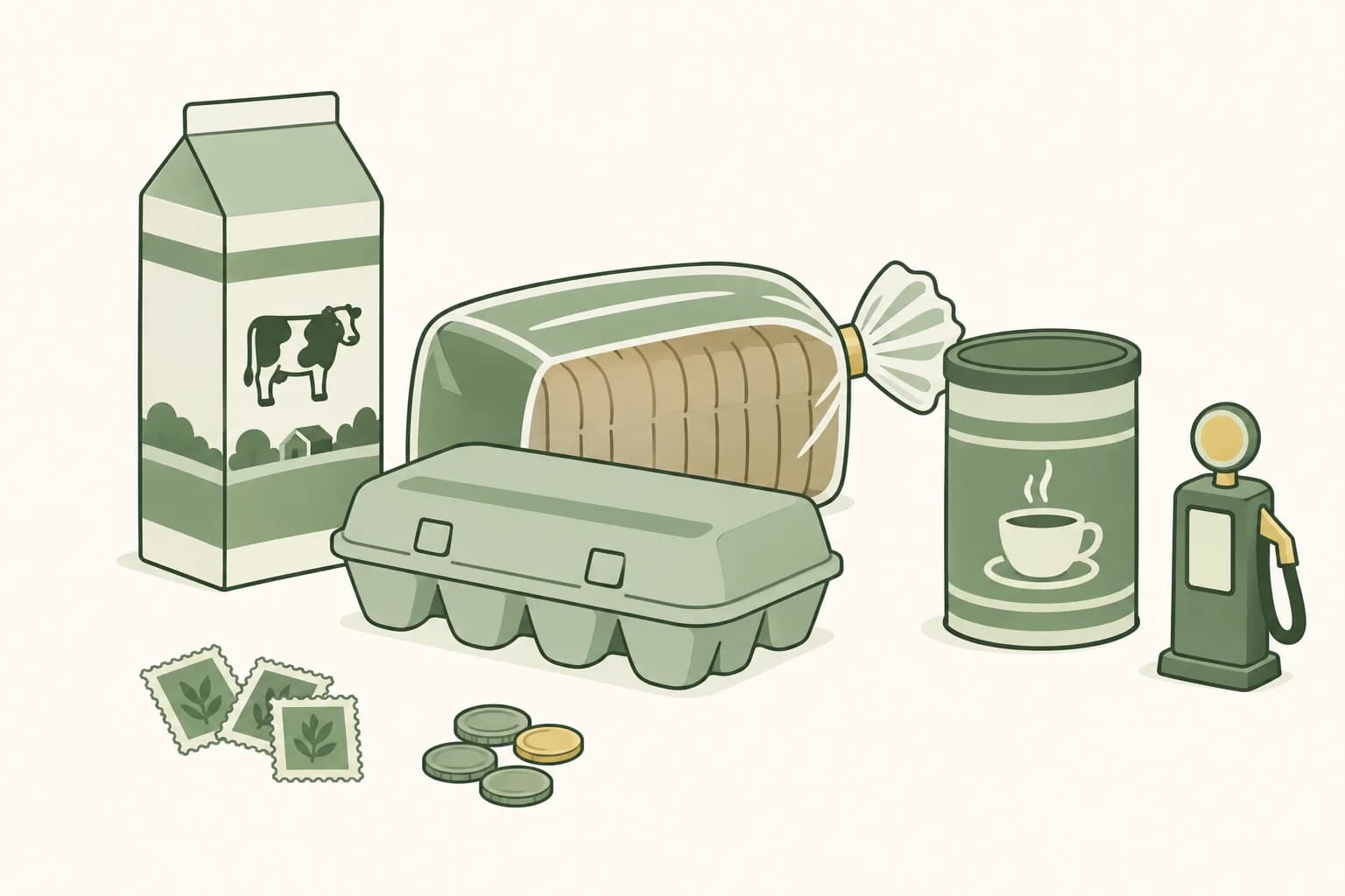 Cartoon groceries from the 1980s on a table: a milk carton, a loaf of bread, a carton of eggs and a coffee can, with stamps, coins and a toy gas pump