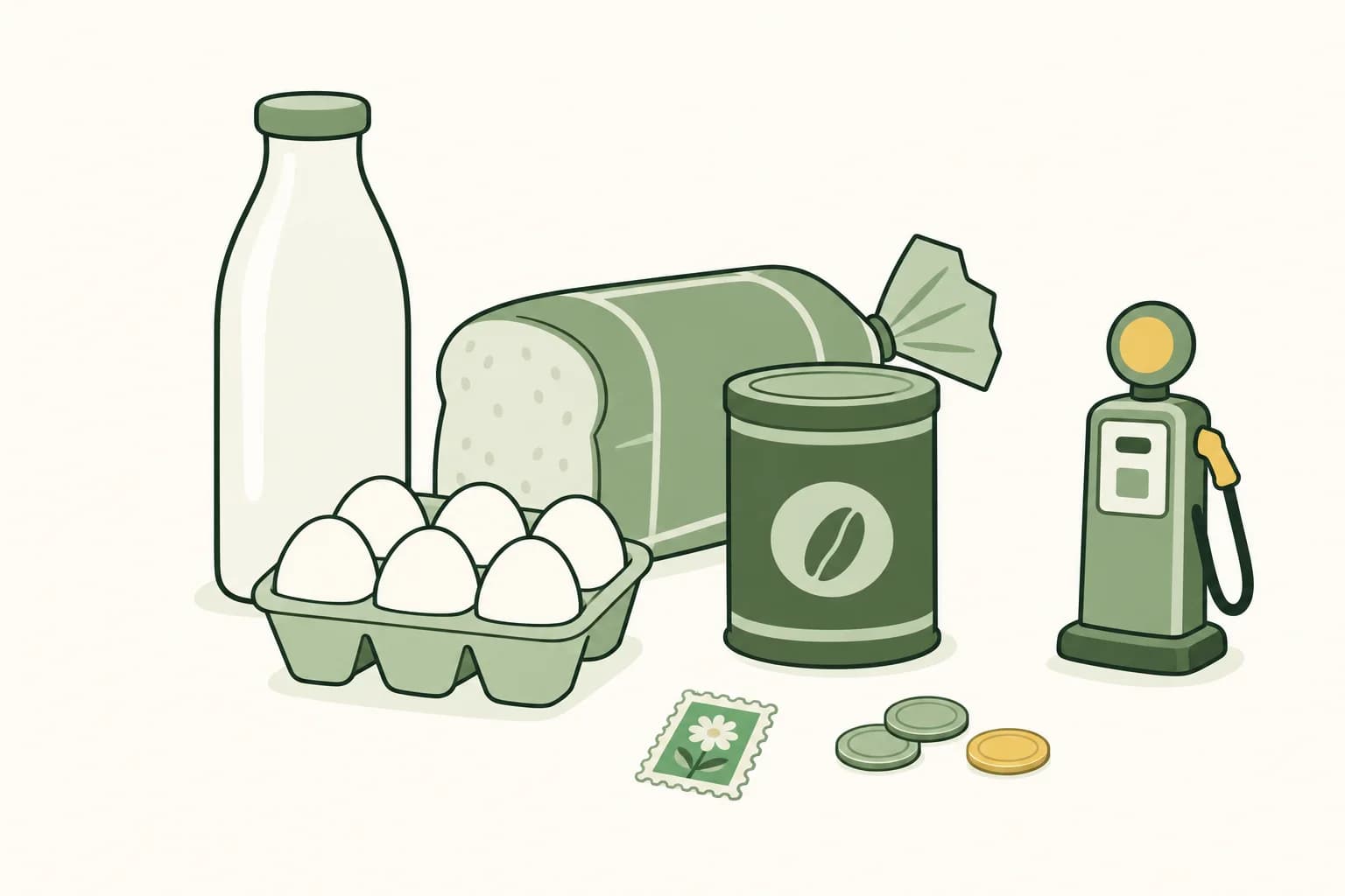Cartoon groceries from the 1960s on a table: milk bottle, bread, eggs and a coffee can, with a five-cent stamp, coins and a toy gas pump
