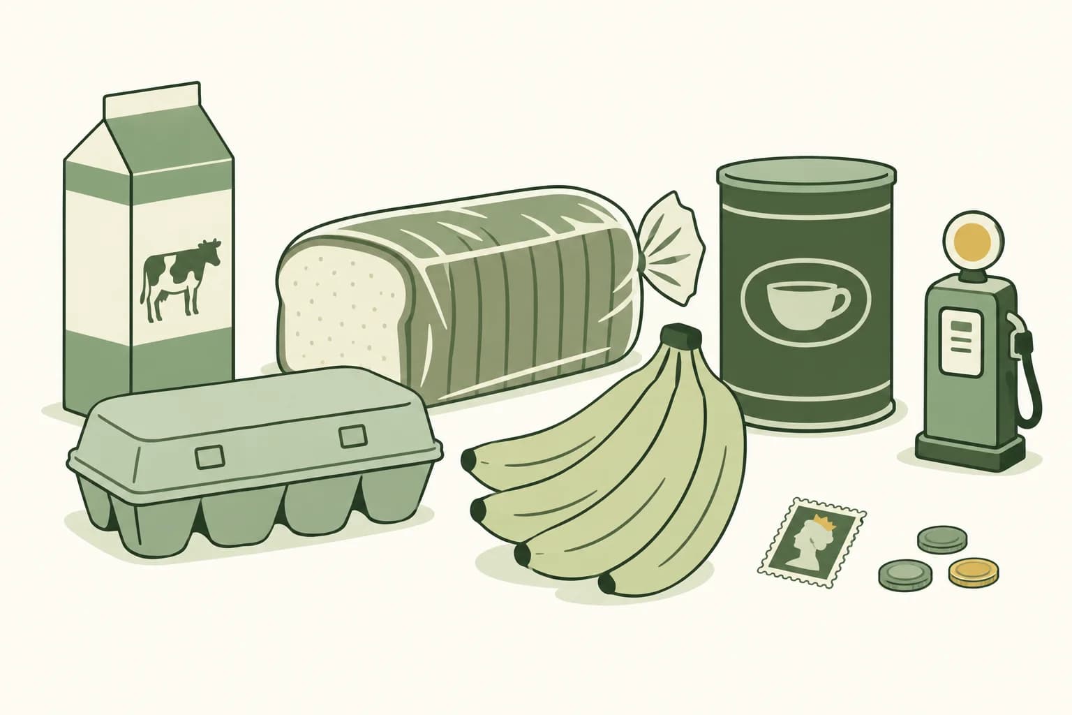 Cartoon groceries from the 1960s on a table: a milk carton, a loaf of bread, a carton of eggs, a bunch of bananas and a coffee can, with a postage stamp, coins and a toy gas pump