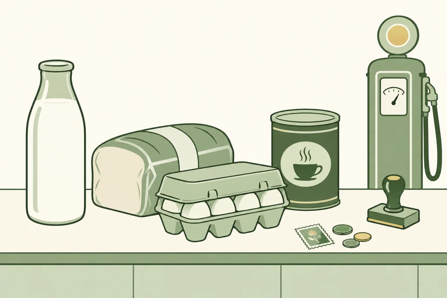 Cartoon groceries from the 1950s on a counter: a glass milk bottle, a loaf of bread, a carton of eggs and a coffee can, with a stamp, coins and a vintage gas pump