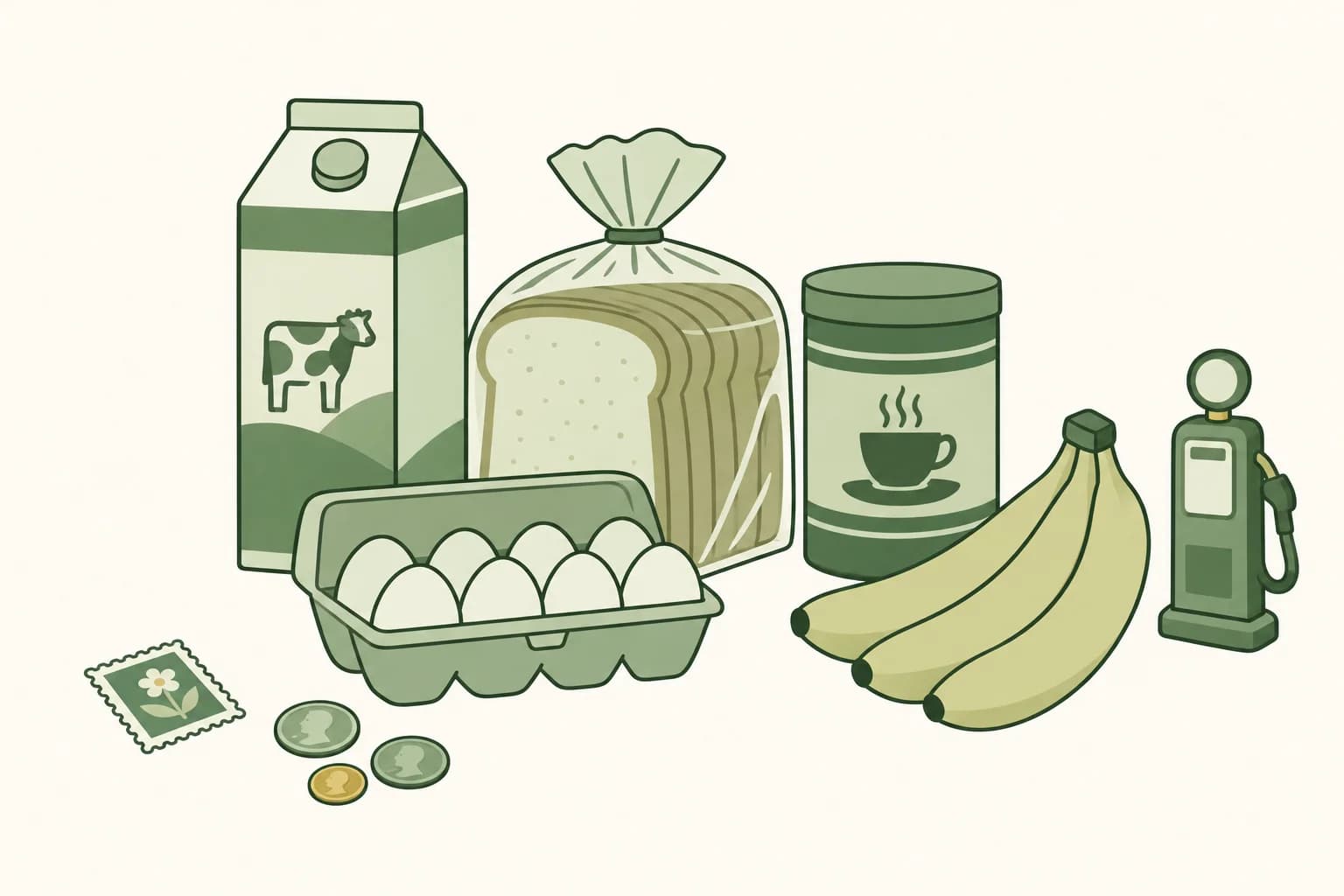 Cartoon groceries from the late 1980s on a table: milk, bread, eggs, coffee and bananas, with a postage stamp, coins and a toy gas pump