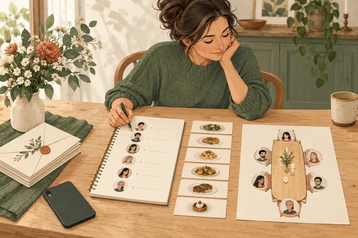 A host compares a guest list, meal cards and a seating sketch before confirming dinner numbers.